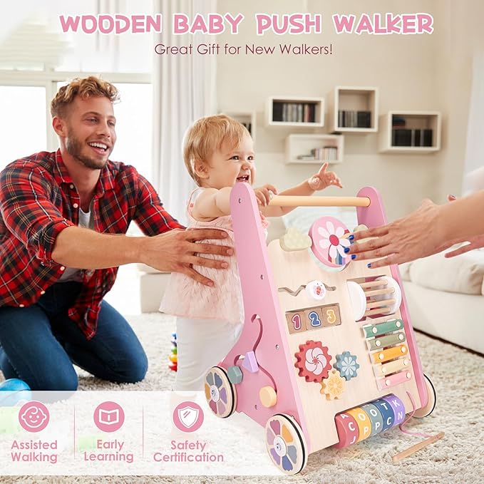 Wooden Baby Walker, Baby Push Walker, Montessori Toddler Walker Toy, Push and Pull Learning Activity Walkers, Baby Walker with Wheels for Boys&Girls 1 Year Old, Christmas Birthday Gifts for Toddler