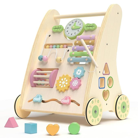 Wooden Baby Walker,Adjustable Speed Push Walker with Wheels and Learning Activity Center,Montessori Walker for Babies 12 Months,Baby Walker Push Toys for Baby Boys and Girls Gifts (Natural)