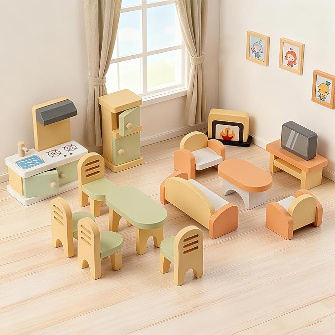 35PCS Wooden Dollhouse Furniture Set with Dolls for 5 Rooms Kits, Doll House Accessories Furniture Toys for Toddlers, Pretend Play Toys Christmas Birthday Gift for Girls and Boys, 3+