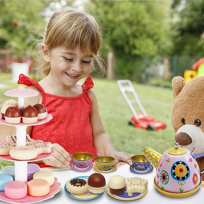 Tea Party Set for Little Girls, Pretend Dessert Food Set for Kids Age 3 4 5 6 7 8 9, Kids Kitchen Pretend Play Dessert Set for Girls Princess Boys