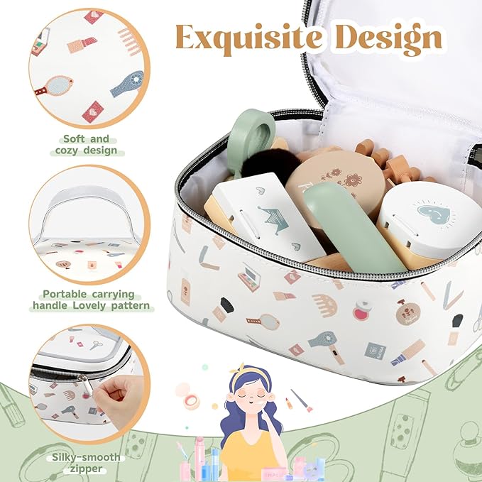 GAGAKU Wooden Makeup Toy Set for Toddlers 3-8, Pretend Play Makeup Kit with 16 Realistic Accessories Including Lipstick, Perfume & Mirror, Ideal Kids Dress-Up Gift for Girls Ages 3-5