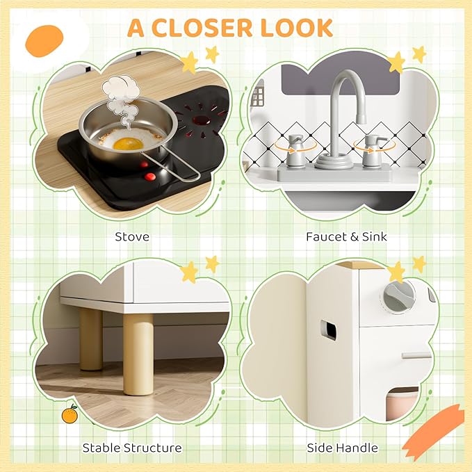 MAMIZO Play Kitchen for Kids, Pretend Playset with Blackboard & Realistic Lights & Sounds, Ultimate Interactive Wooden Kitchen with Knob Sounds, Sink, Water Dispenser, 6 Pcs Cookware for Ages 3+,White