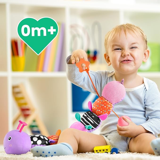 Sumobaby Baby Toys 0-6 6-12 Months, Music Caterpillar Plush Toy with Baby Mirror, Pull String&Crinkle Rattle,Infant Teething Toys,Tummy Time for 0-3-6-12 Month Boys Girls Newborn Gifts (Purple-Leaf)