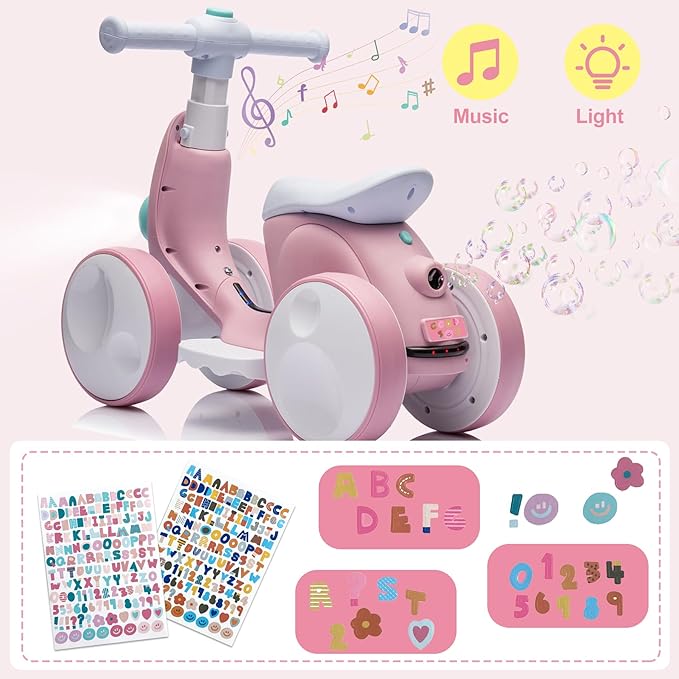 Electric Baby Balance Bike with Bubble Machine for 1 Year Old Boys Girls 4 in 1 Toddler Balance Bike 12-48 Month Kids Bubble Bike Ride Toys First Birthday Gift with Powered Motor,Music,LED Lights