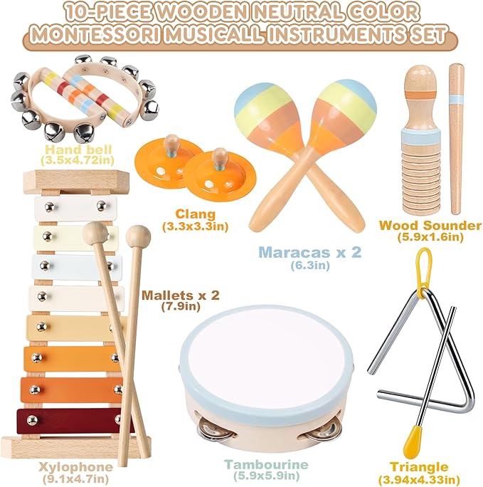 Baby Musical Instruments-Wooden Montessori Musical Toys for Toddlers 1-3, INLAIER Neutral Colors Xylophone Tambourine Musical Instruments for Toddlers 1-3 4 5 Kids Preschool Educational Gifts