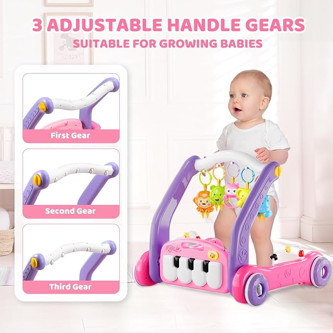 4-in-1 Baby Gym Play Mat with Learning Walker, Tummy Time Mat & Baby Push Toys for Newborn Infant 0-3-6-9-12 Month Boy Girl, Babies Activity Center with Play Piano & Lights, Ideal Toddler Babies Gifts