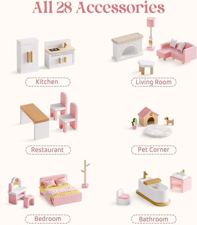 ROBOTIME Wooden Dollhouse Furniture Set, 28 PCS Miniature Dollhouse Furniture with 6 Room Kits, Dollhouse Accessories and Pretend Play Furniture, Gift for Boys and Girls Ages 3+