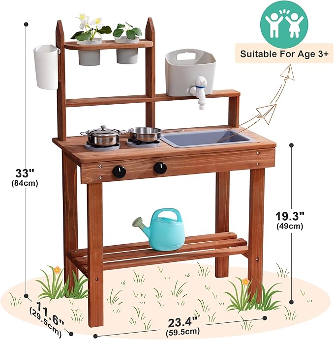 ROBOTIME Mud Kitchen for Kids Outdoor, Wooden Kids Kitchen Playset, Outdoor Play Kitchen with Removable Sink, Faucet, Cooking Accessories, Stove, Fun Backyard Outdoor Kitchen for Boys Girls 3+