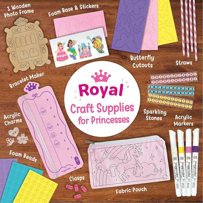 Imagimake Princess Craft Kit | 10 Mess-Free DIY Activities | Bracelet Making Kit, Unicorn Pouch, Butterfly Wands & Photo Frame | Girls Toy Age 6-8 | Christmas Gifts Girls Ages 5,6,7,8,9,10,11,12 Years