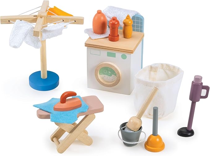 Mentari Toys - Laundry Set - Wooden Dollhouse Playset with Washing Machine, Ironing Board, Dryer, and Cleaning Tools - Encourages Imagination, Fine Motor Skills and Everyday Routine Learning - Age 3+