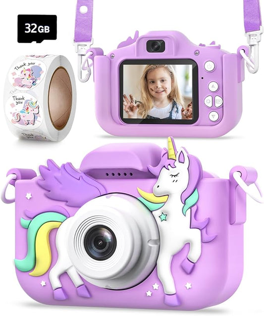 Seckton Kids Camera Toys for Girls Ages 3-8, Children Digital Video Camera with Protective Silicone Cover, Christmas Birthday Gifts for 3 4 5 6 7 8 Year Old Girls with 32GB SD Card