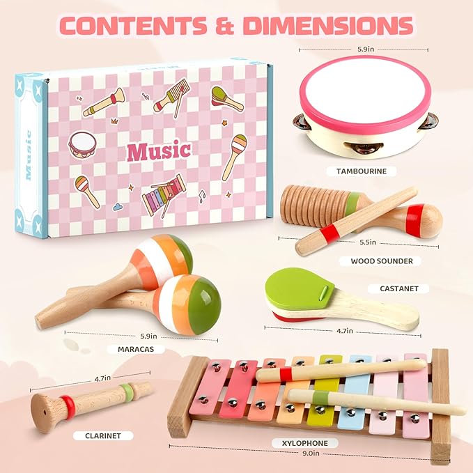 Baby Musical Instruments - Montessori Wooden Toys for Toddlers 1-3, Xylophone Maracas Tambourine Percussion Set, Kids Preschool Music Learning Toys Christmas Birthday Gifts for Boys Girls Age 3+, Pink