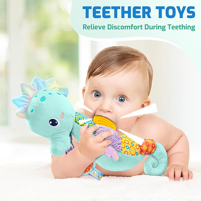 Sumobaby Infant Baby Musical Stuffed Animal Activity Soft Toys with Multi-Sensory Crinkle, Rattle and Textures, for Tummy Time Newborn 0-3-6-12 Months Girls,Seahorses - Blue with Baby Mirror