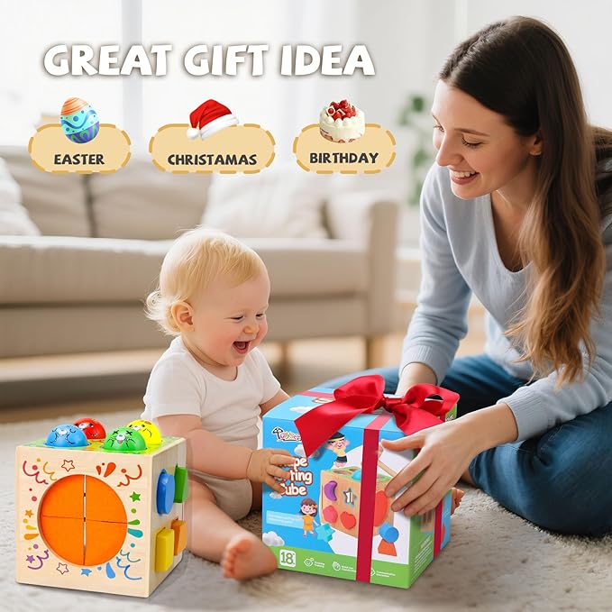 4-in-1 Montessori Toys for 1+ Year Old - Shape Sorting Activity Cube, Hammer Pounding Game, Baby Blocks & Sensory Toys for Toddlers 1-3, Wooden Toy Gift for 1 Year Old Boys and Girls