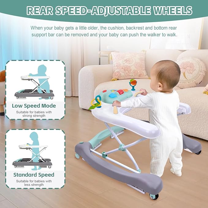 5 in 1 Foldable Baby Walker, Activity Baby Walker-Baby Bouncer, Rocker, Activity Center,Seat and Push Walker,Detachable Trampoline Mat, Adjustable Speed Rear Wheels and Height,Ages 6-18 Months(Mint)