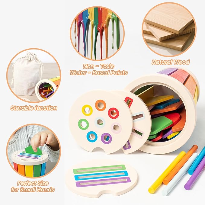 Shape & Color Sorting Montessori Toys for Toddlers 1-3, Wooden Sensory Toys, Preschool Learning Activities Matching Game, Educational Toy for Fine Motor Skills, Travel Gift for Boys Girls