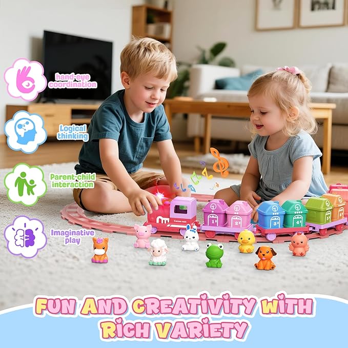 Learning Toys for Toddlers 1 2 3 Year Old,Electric Farm Train Set for Girls 2-4,Counting Matching & Sorting Montessori Train Toy with Farm Animals, Music, Light, Christmas Birthday Gift Baby (Pink)