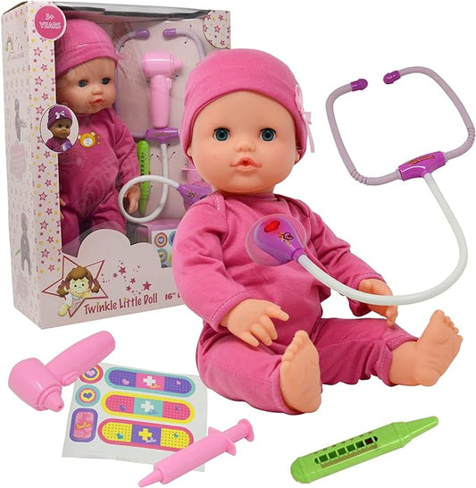 Interactive 16” Baby Doll Toy Doctor Kit with Light Up Heartbeat Sound Stethoscope, Pretend Role Play Accessories Set - Medical Checkup Playset Gift Pack for Kids, Girl Toddler – Pink, (16 Inch)