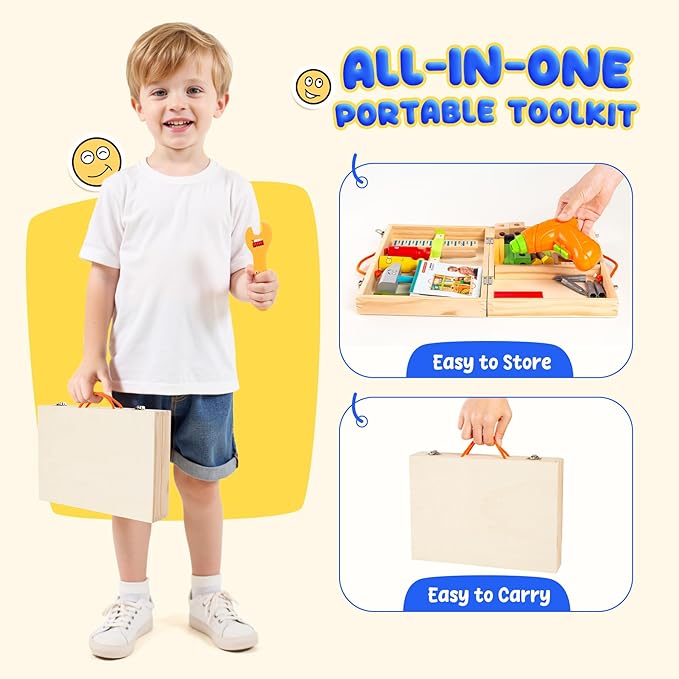 Toddler Tool Set with Drill, Montessori Toys for 3 4 5 6 Years Boys Girls, Toddler Stocking Stuffers, Kids Christmas Toys, 37 Pcs Wooden STEM Construction Learning Pretend Play Games