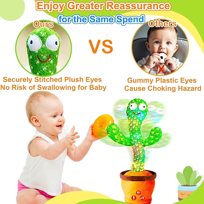 Rechargeable Dancing Talking Cactus Toy for Baby, Volume Adjustable, Singing, Mimicking, Repeating, Kids Baby Toys for Girls Boys, Birthday or Chirstmas Gifts for Grandkids, Stocking Stuffers for Kids