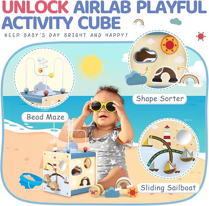 Airlab Wooden Activity Cube Montessori Toys for 1 Year Old Toddlers 12 Months + Toddler Learning Toys 1-3 Boys Girls Baby Sensory Interactive Birthday Gift