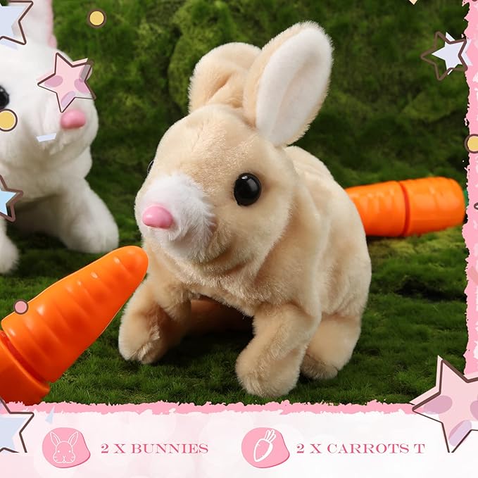Civaner 2 Pcs Interactive Rabbit Toys Plush Stuffed Walking Bunny Toys with Sounds and Movements Hopping Robotic Easter Gift Present(Rabbit Style)