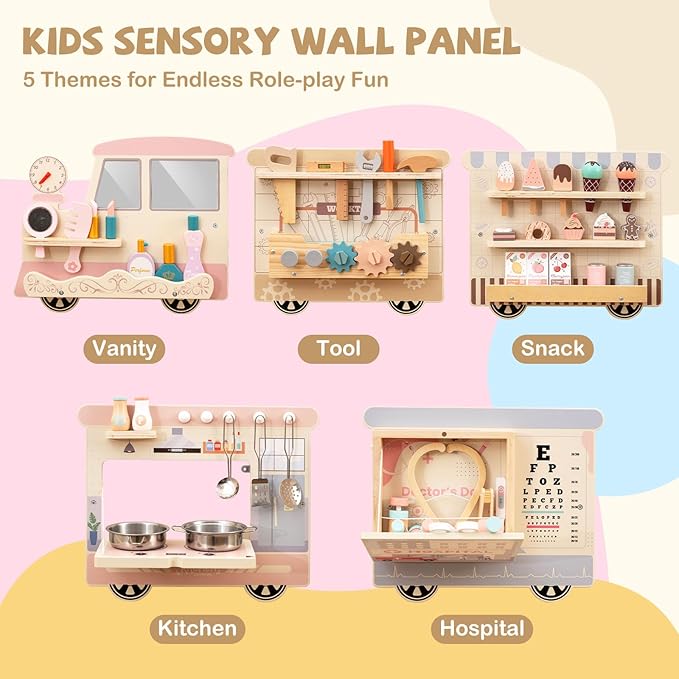 Costzon Train Activity Wall Busy Board, Sensory Wall Panel for Kids w/ Vanity, Tool Box, Play Kitchen, Doctor Kit & Snack Bar, Toddler Montessori Learning Toy for Playroom, Daycare, Nursery, Classroom