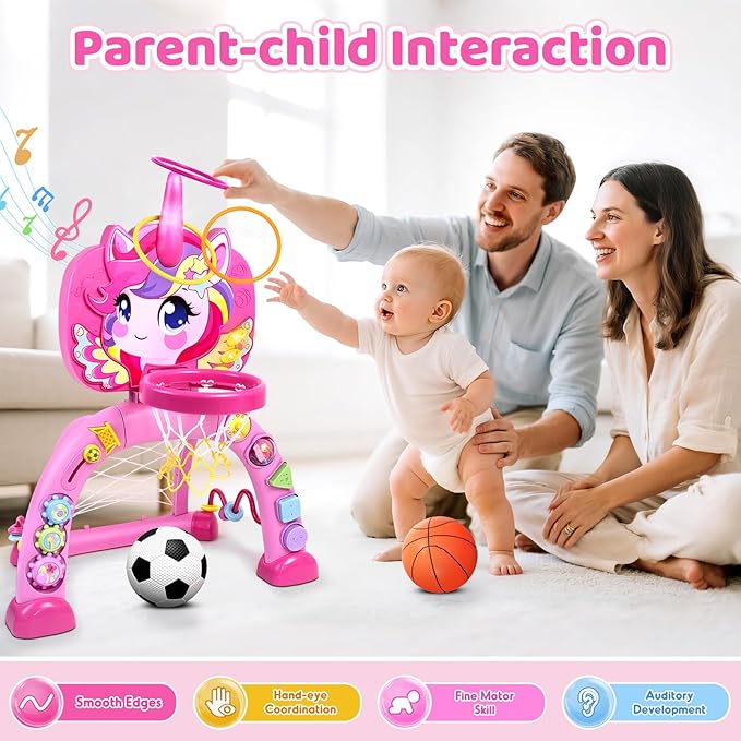 Marstone Toys for 1 Year Old Girl Gifts: Toddler Basketball Hoop and Soccer Goal with Sound and Music, Educational Sport Toys for Kids 1-3, 1st First 12-18 Month Birthday Present