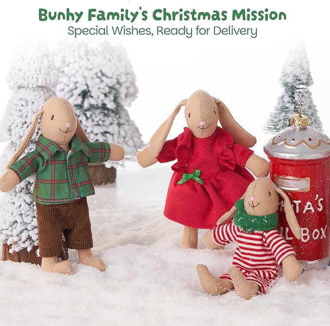 Giant bean® Bunny Toys for Kids, Christmas Bunny, 4 PCS Hand Made Rabbit Family Dolls with Removable Clothes, Suitable for Infants, Boys and Girls, Dollhouse People