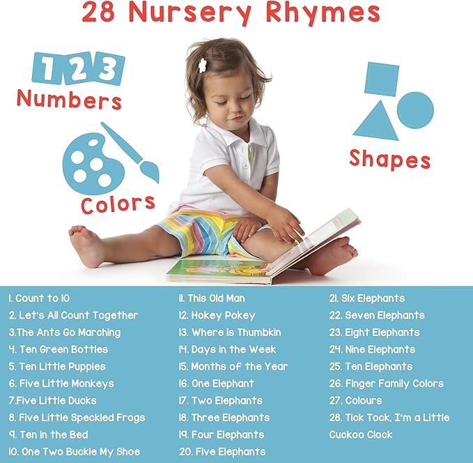 LEARNING BUGS Numbers, Colors & Shapes – 28 Favorite Counting Nursery Rhymes, Musical Books for Toddlers, 28-Button Music Book, Musical Toys for Toddlers 1-3