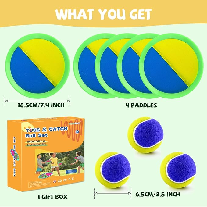 Outdoor Games - Beach Toys, Toss and Ball Set with 4 Paddles and 3 Balls, Perfect Yard Games Sets, Playground Sets for Backyards Easter Birthday for Kids/Adults/Family