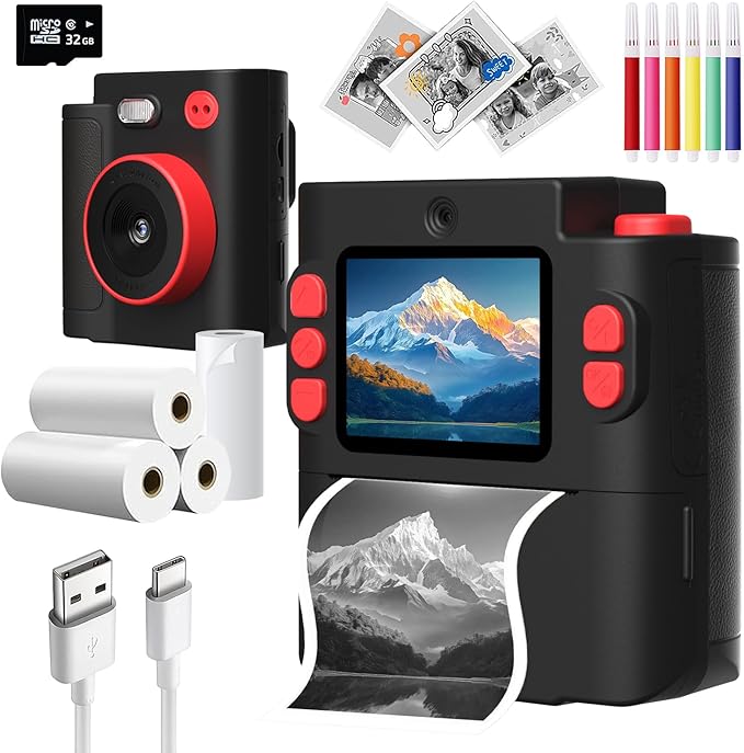 Wembley Kids Instant Print Camera with Dual Lens, 48MP, 1080P HD, 2.4" IPS Screen, 16X Zoom, 32GB SD Card, Thermal Printing, 6 Pens, 4 Rolls, USB Type-C, for Girls & Boys- Black