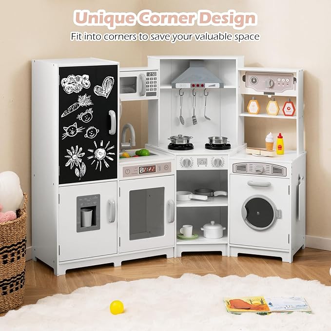 Costzon Corner Play Kitchen w/Lights, Sounds, Large Pretend Play Kitchen Set w/Blackboard, Microwave, Cooking Accessories, Wooden Montessori Sensory Toy for Kids 3+ Years Old (White)