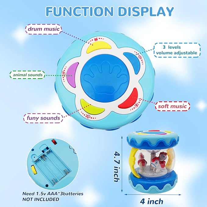 Baby Girl Toys Hand Drum Baby Rotating Musical Light Up Sensory Activity Crawling Toys 2 3+ Year Old Infant Girls Toy Gifts (Blue)