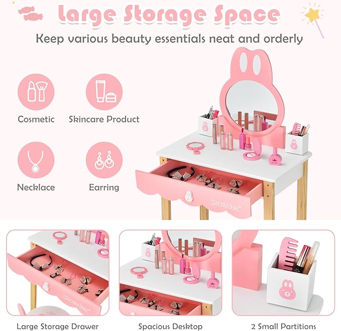 HONEY JOY Kids Vanity, Rabbit Themed Wooden Pretend Play Vanity Set, Toddler Makeup Vanity Table & Chair Set, Removable Holders & Drawer, Princess Little Girls Vanity Set with Mirror and Stool(White)