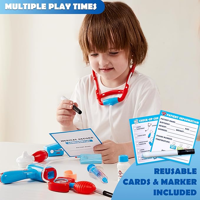 Play-Act Kids Doctor Kit, 16-Piece Medical Kit with Bag, Doctor Role Play Set with Realistic Toy Stethoscope, Reusable Record Cards, Dress Up Playset for Toddlers Ages 3+