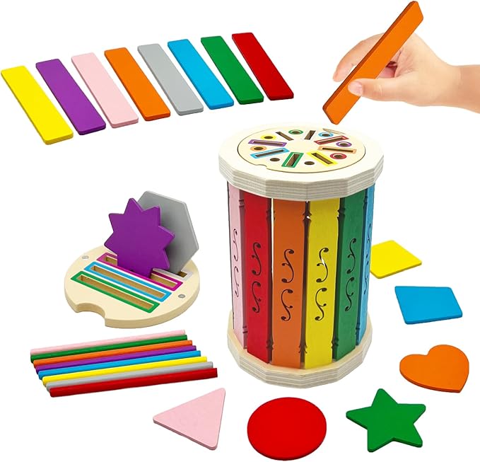 Wooden Montessori Baby Toddler Toys: Learning Fine Motor Skills Sensory Toys for Toddlers 3-5, Educational Color Sorting Preschool Learning Activities Boys Girls Gifts (Rainbow Bucket)