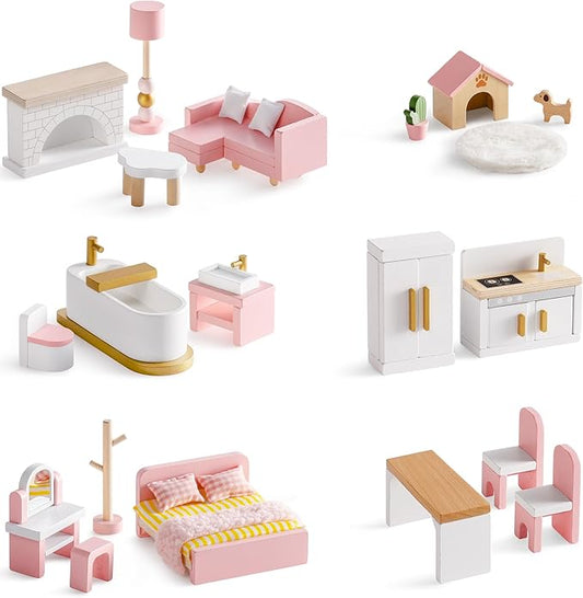 ROBOTIME Wooden Dollhouse Furniture Set, 28 PCS Miniature Dollhouse Furniture with 6 Room Kits, Dollhouse Accessories and Pretend Play Furniture, Gift for Boys and Girls Ages 3+