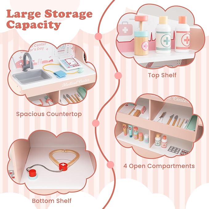 KOTEK Kids Doctor Play Set with 24 PCS Accessories, Wooden Medical Station with Eye Chart, ECG Monitor, X-Ray Film, Pretend Play Hospital Center for Toddlers, Toy Doctor Kit for Girls Boys (Pink)