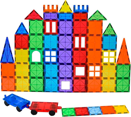 Gemmicc 100 PCS Magnetic Tiles with 2 Cars, STEM Approved Educational Magnet BuildingToys, Magnet Puzzles Stacking Blocks for Boys Girls