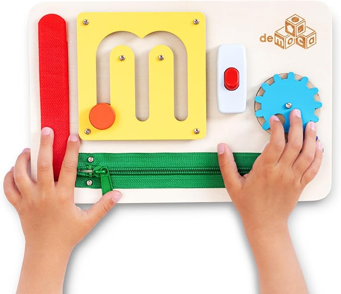 deMoca Sensory Busy Board for Toddlers, Premium Wooden Toddler Busy Board for 1 2 3 Year Old with 10 Educational Activities for Fine Motor Skills, Fidget Activity Toy for Travel Toy