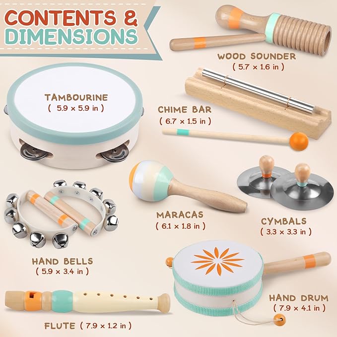 Baby Musical Instruments - Montessori Musical Toys for Toddlers 1-3, Wooden Percussion Instruments Set, Neutral Colors Modern Boho Music Toys for 1 Year Old, Kids Preschool Educational Birthday Gifts