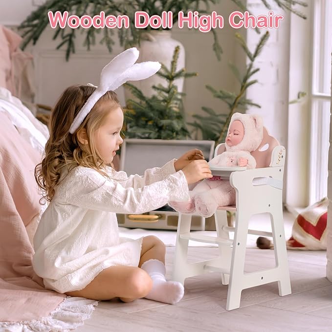 ROBOTIME Baby Doll High Chair, Pretend Play High Chair with Safety Belt and Footrest, Wooden Baby Doll Accessories, Doll Furniture Fits 18-20 Inch Dolls, Gift for Ages 3+ (White)