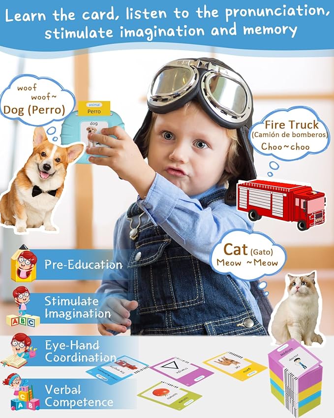 510 Words Spanish English Bilingual Talking Flash Cards for Toddlers 1-3, Pocket Speech Learning Montessori Toys for Kids, Sensory Therapy Preschool Educational Christmas Birthday Gifts for Boys Girls