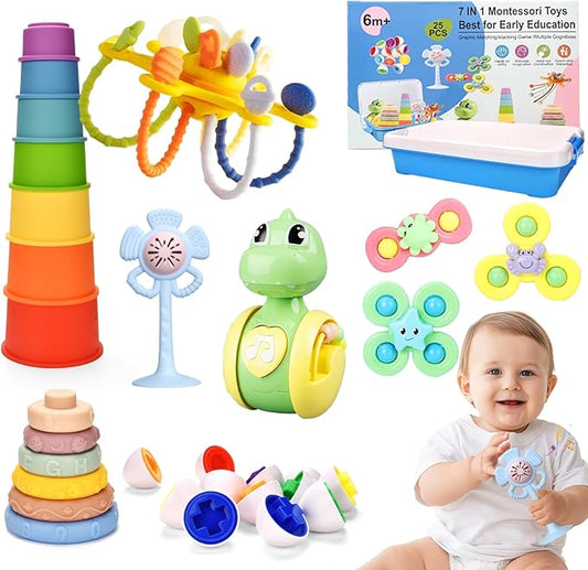 Montessoriii Toys for 1 Year Old,Baby Toys 6-12 Mo nths,7 in 1 Sensory Toy for Babies 6 Month Old,Stacking Blocks Rings Cups,Pull String Teething Toy for Boys & Girls Birthday