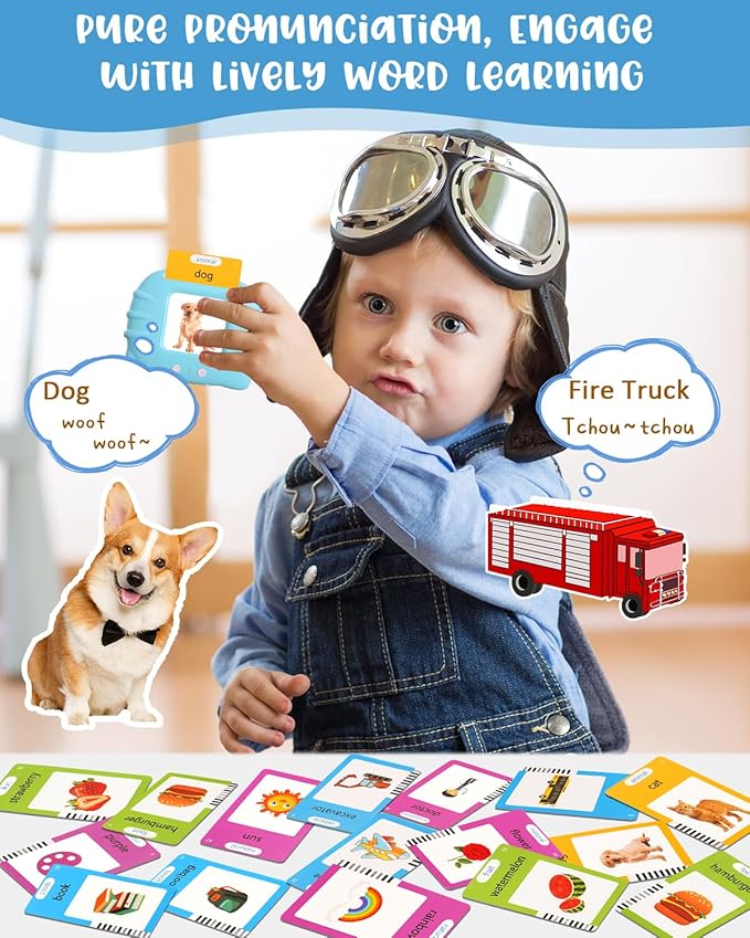 224 Words English Talking Flash Cards with Music, Montessori Educational Learning Kid Toddler Toys, Pocket Speech Therapy and Autism Christmas Sensory Toys for Girls Boys