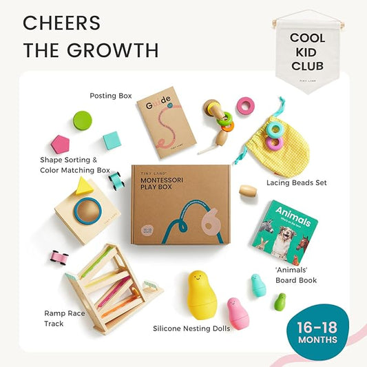 Tiny Land Montessori Toy Set for Baby 16-18 Months Adventure Play Kit - 7-in-1 Ramp Race Track, Shape Sorting and Color Matching Box, Lacing Beads Set, Silicone Nesting Dolls, Animals Board Book