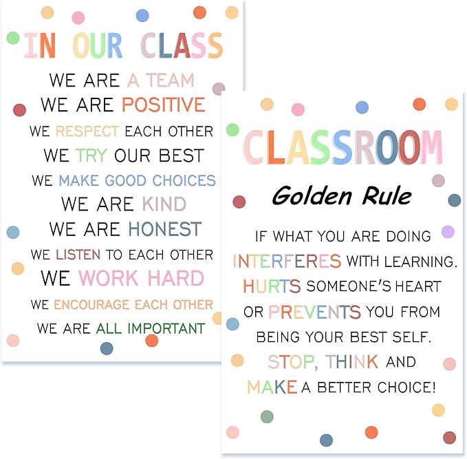 Wentipo Classroom Rule Poster with Pastel Boho Polka Dots, Classroom Rules Poster for Elementary, Middle School, Positive Behavior Management Sign Wall Art Bulletin Board Decor 8x12inch Unframed
