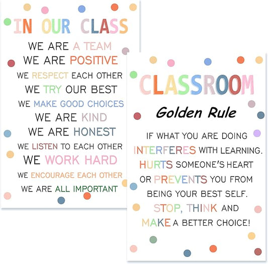Wentipo Classroom Rule Poster with Pastel Boho Polka Dots, Classroom Rules Poster for Elementary, Middle School, Positive Behavior Management Sign Wall Art Bulletin Board Decor 8x12inch Unframed