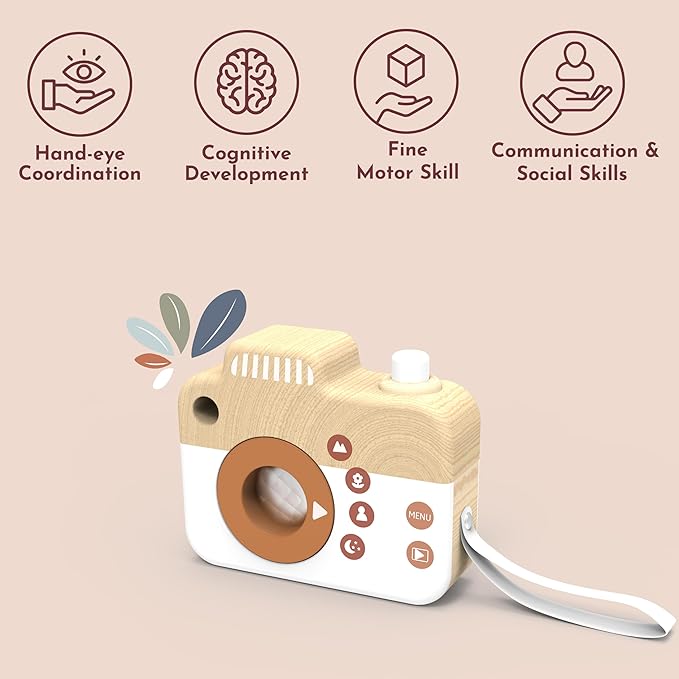 SPEEDY MONKEY My First Wooden Camera Toddler Toy with Kaleidoscope Lens, FSC Wood Pretend Play Camera for Kids – Early-Learning Photographed Props for Imaginative Play for Boys and Girls